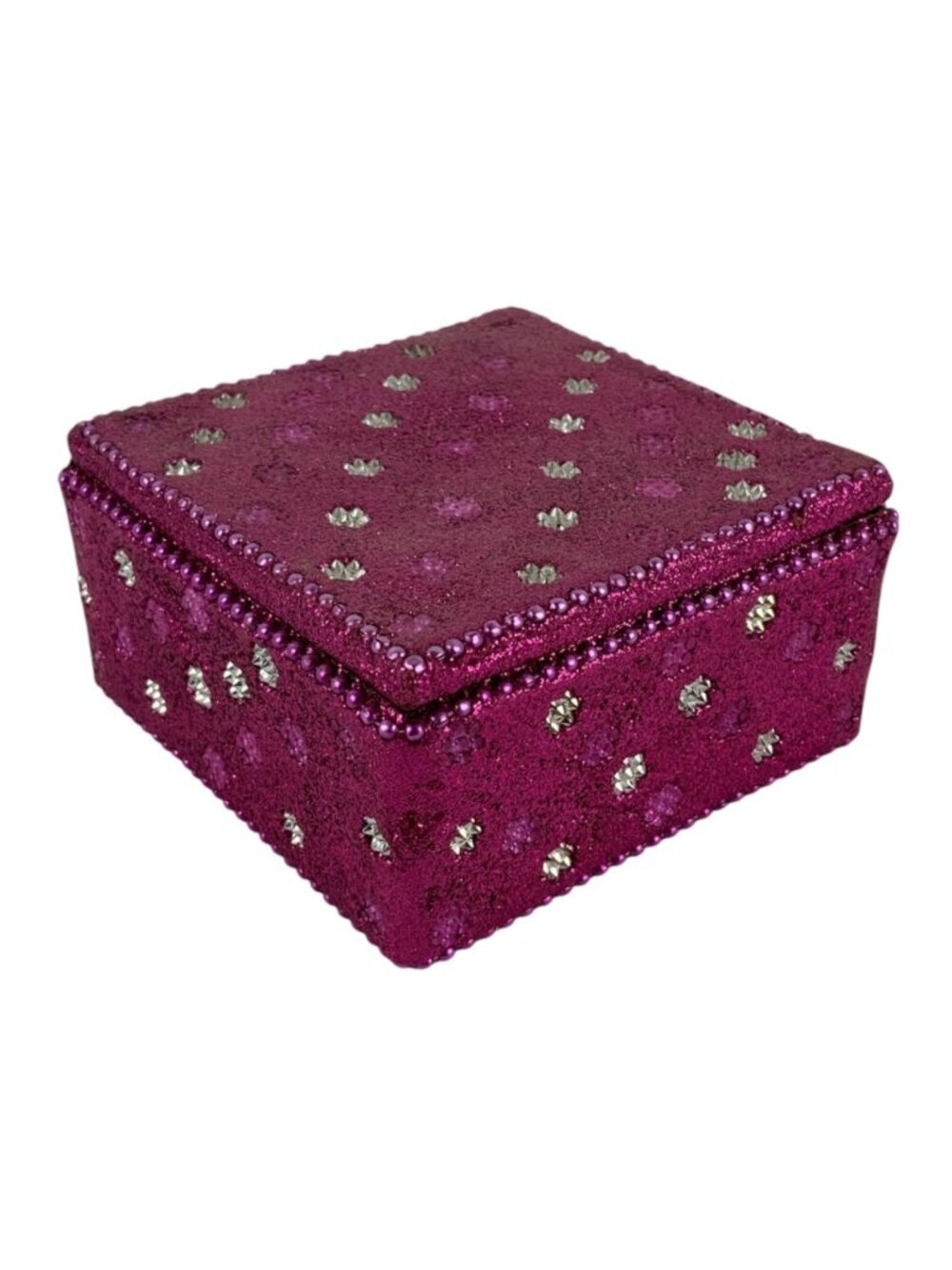 Sparkly Pink Decorative Trinket Box With Rhinestone Accents Floral Design India